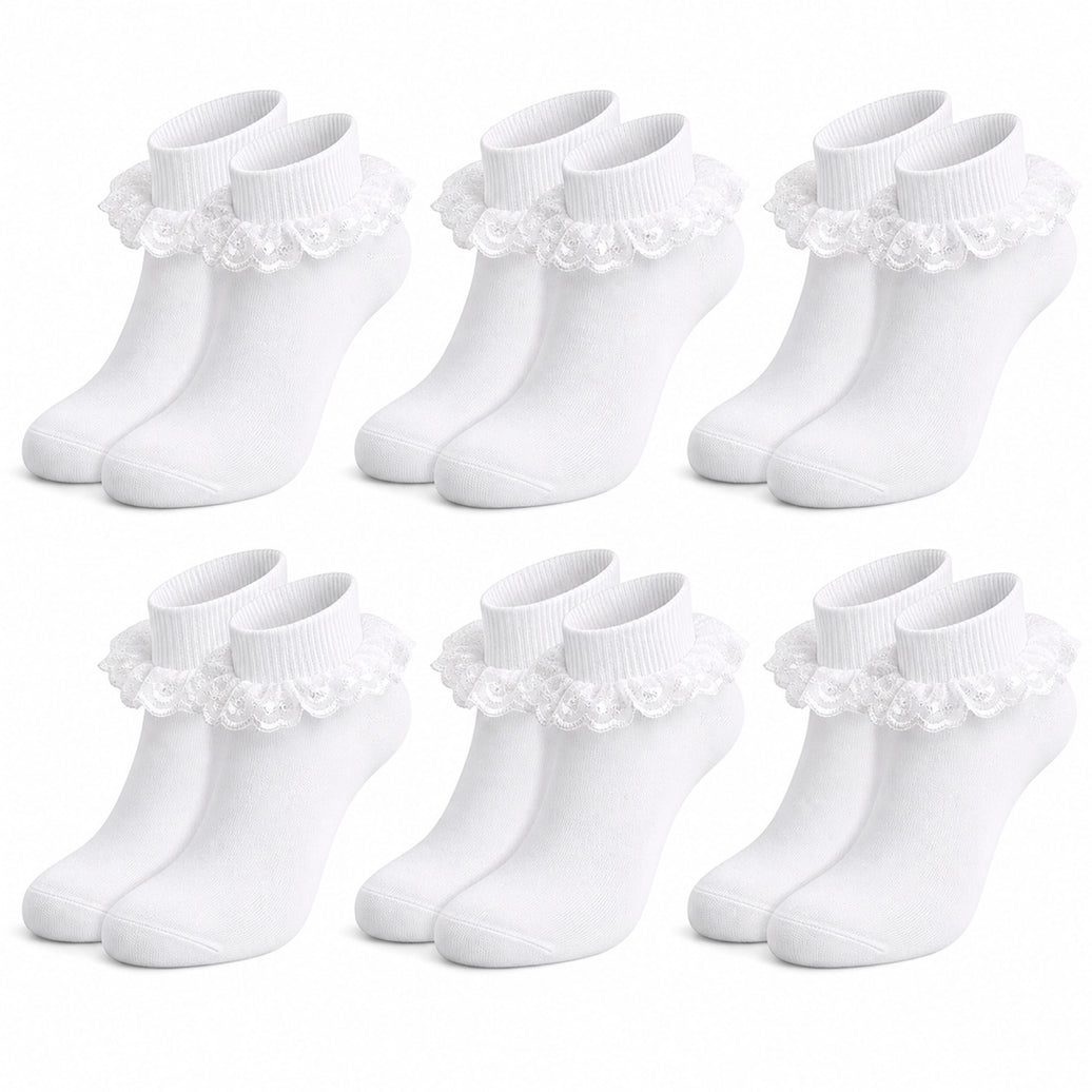 Sock Stack White Girls Tutu Frilly Ankle Socks With Lace And Bow 6 Pairs Cotton Rich Super Soft Wedding Christening Socks 1-2 YRS / WHITE Socks
