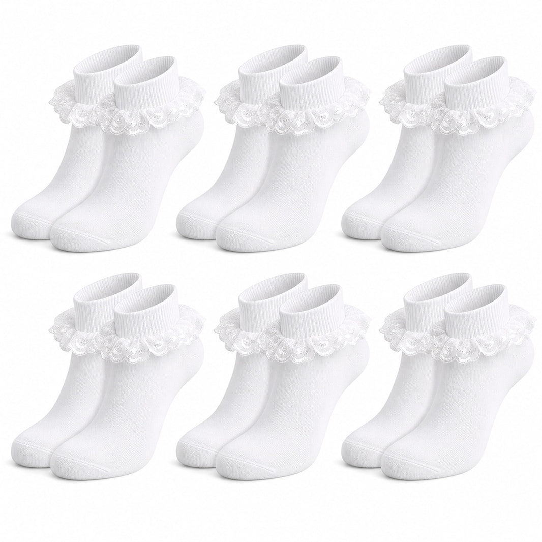 Sock Stack White Girls Tutu Frilly Ankle Socks With Lace And Bow 6 Pairs Cotton Rich Super Soft Wedding Christening Socks 1-2 YRS / WHITE Socks
