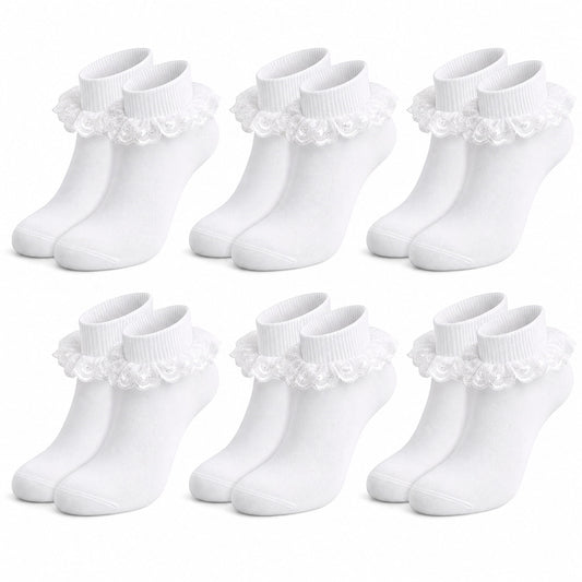 Sock Stack White Girls Tutu Frilly Ankle Socks With Lace And Bow 6 Pairs Cotton Rich Super Soft Wedding Christening Socks 1-2 YRS / WHITE Socks