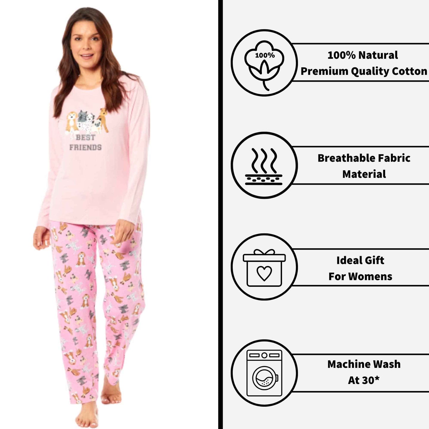 Soft Pink Dogs Pyjama Lounge Set for Women Comfortable Cotton Long Sleeve Top with Patterned Bottoms Elasticated Waistband Cozy PJs Available in Sizes Small to X Large Daisy Dreamer Pyjamas