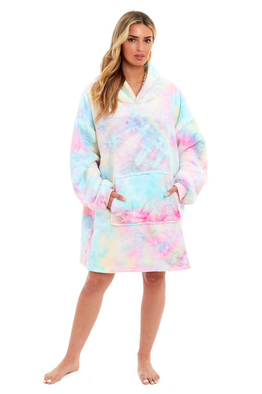 Tie Dye Rainbow Oversized Hooded Plush Fleece Wearable Blanket with Sherpa, Elastic Cuffs, and Double Pocket for Adults and Kids by Daisy Dreamer Hooded Blanket