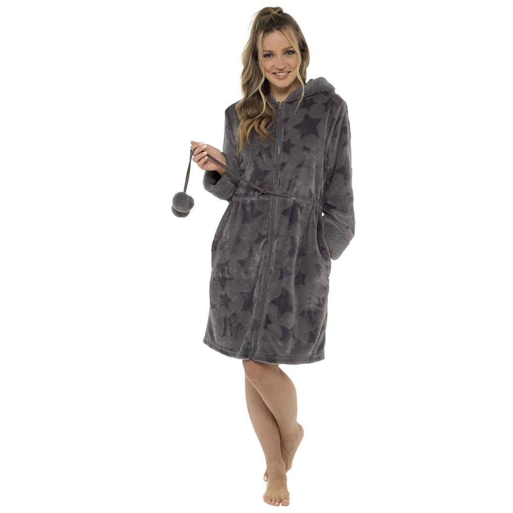 Ultra-Soft Women's Hooded Fleece Bathrobe with Zip Closure Warm Plush Dressing Gown for Home Spa Gym Multiple Colors and Sizes Cozy Loungewear by Daisy Dreamer GREY STARS / S Robe
