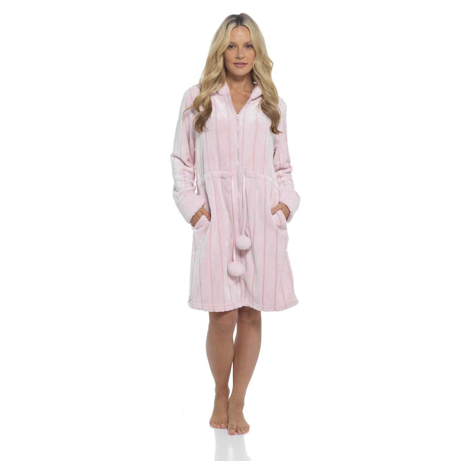 Ultra-Soft Women's Hooded Fleece Bathrobe with Zip Closure Warm Plush Dressing Gown for Home Spa Gym Multiple Colors and Sizes Cozy Loungewear by Daisy Dreamer PINK STRIPES / S Robe