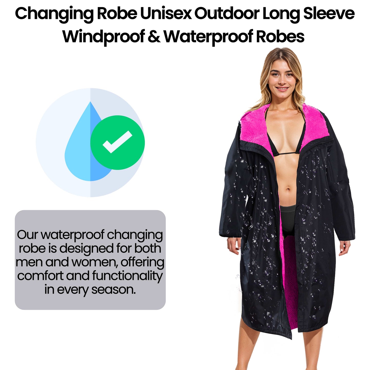 Unisex Adults Black/Pink Waterproof Windproof Changing Robe Hooded Outdoor Coat for Beach Swimming Surfing Warm Fleece Lining by Heatwave Thermalwear Changing Robe