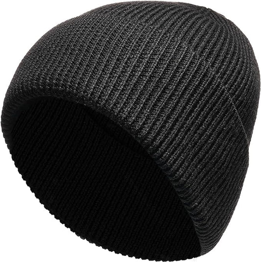 Unisex Wool Knit Beanie for Men and Women Warm Insulated Windproof Hat with Turn-Up Cuff Classic Black Grey Winter Cap for Outdoor Activities by Heatwave Thermalwear BLACK Hats