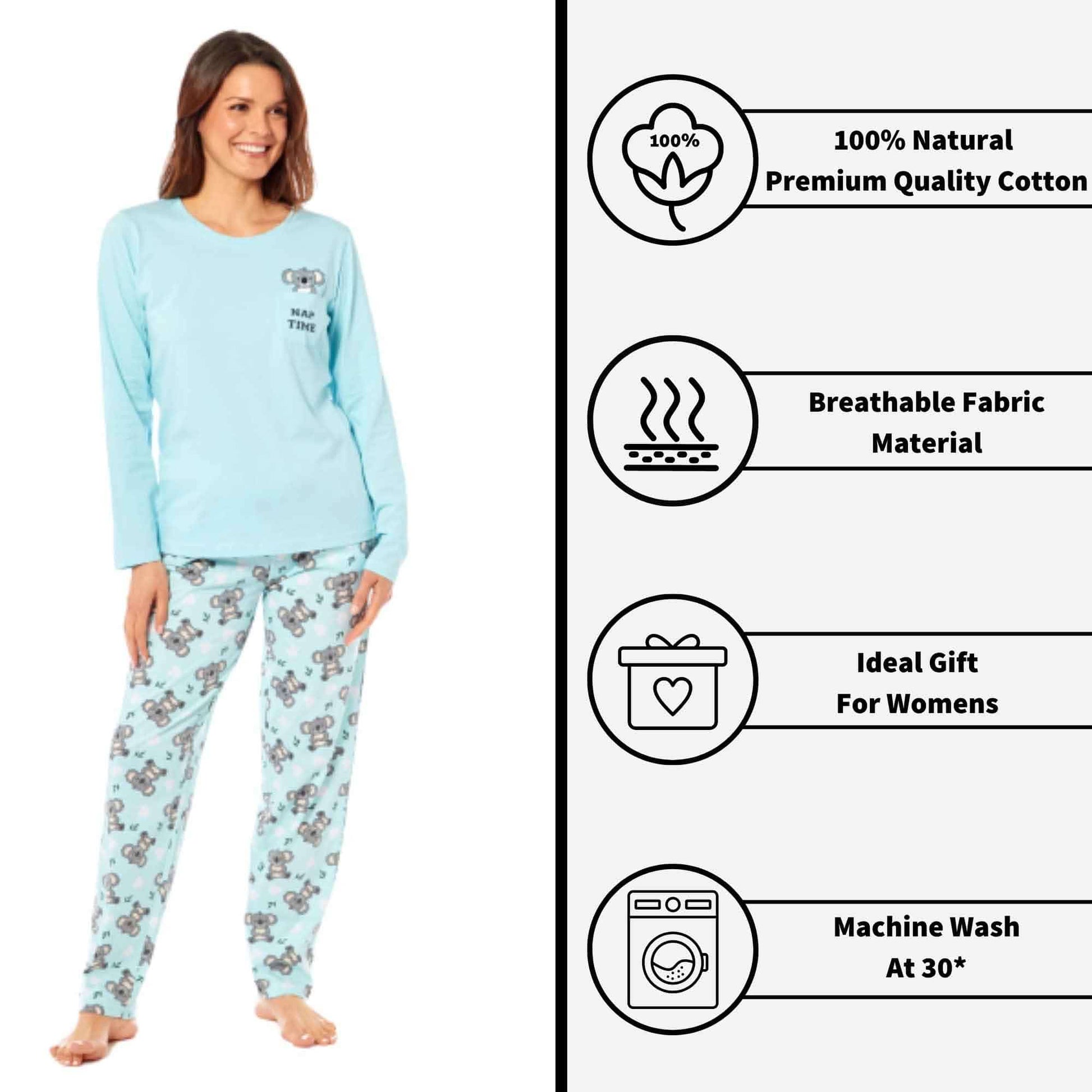 Women's 100% Cotton Koala Bear Print Pyjama Set Comfortable Long Sleeve Top and Elasticated Pants for Sleeping and Lounging Available in Small Medium Large X-Large by Daisy Dreamer Pyjamas