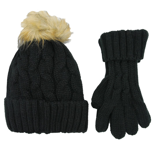 Women's Black Chunky Knit Winter Hat & Gloves Set Faux Fur Pom Pom Warm & Stylish Beanie for Ladies By Heatwave Thermalwear BLACK Hats