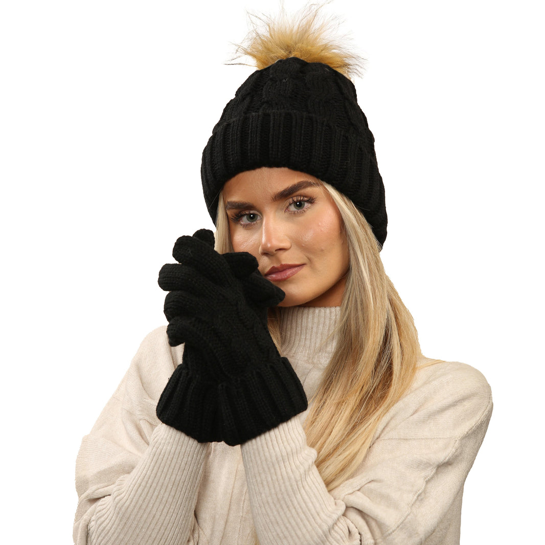 Women's Black Chunky Knit Winter Hat & Gloves Set Faux Fur Pom Pom Warm & Stylish Beanie for Ladies By Heatwave Thermalwear BLACK Hats