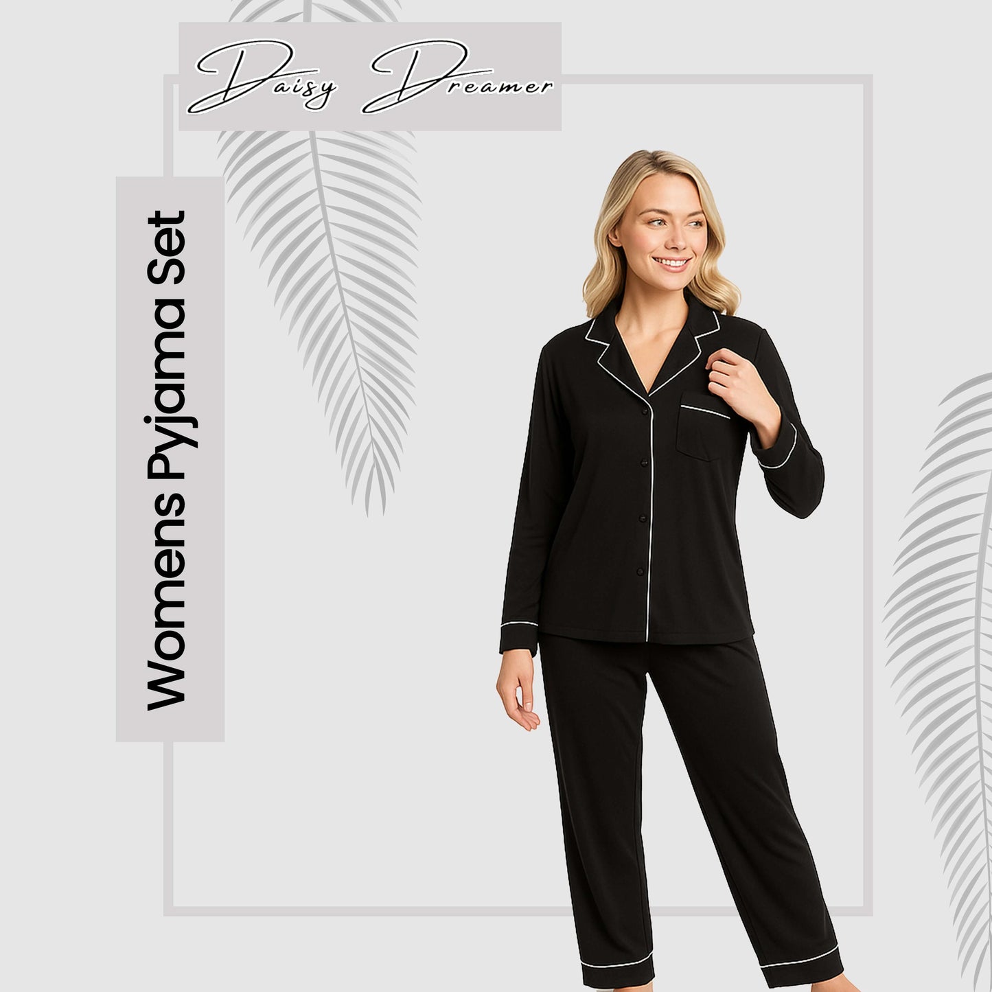 Women's Black Pyjama Set Soft Touch Long Sleeve Button-Up Top & Bottoms Two-Piece Nightwear by Daisy Dreamer Pyjamas