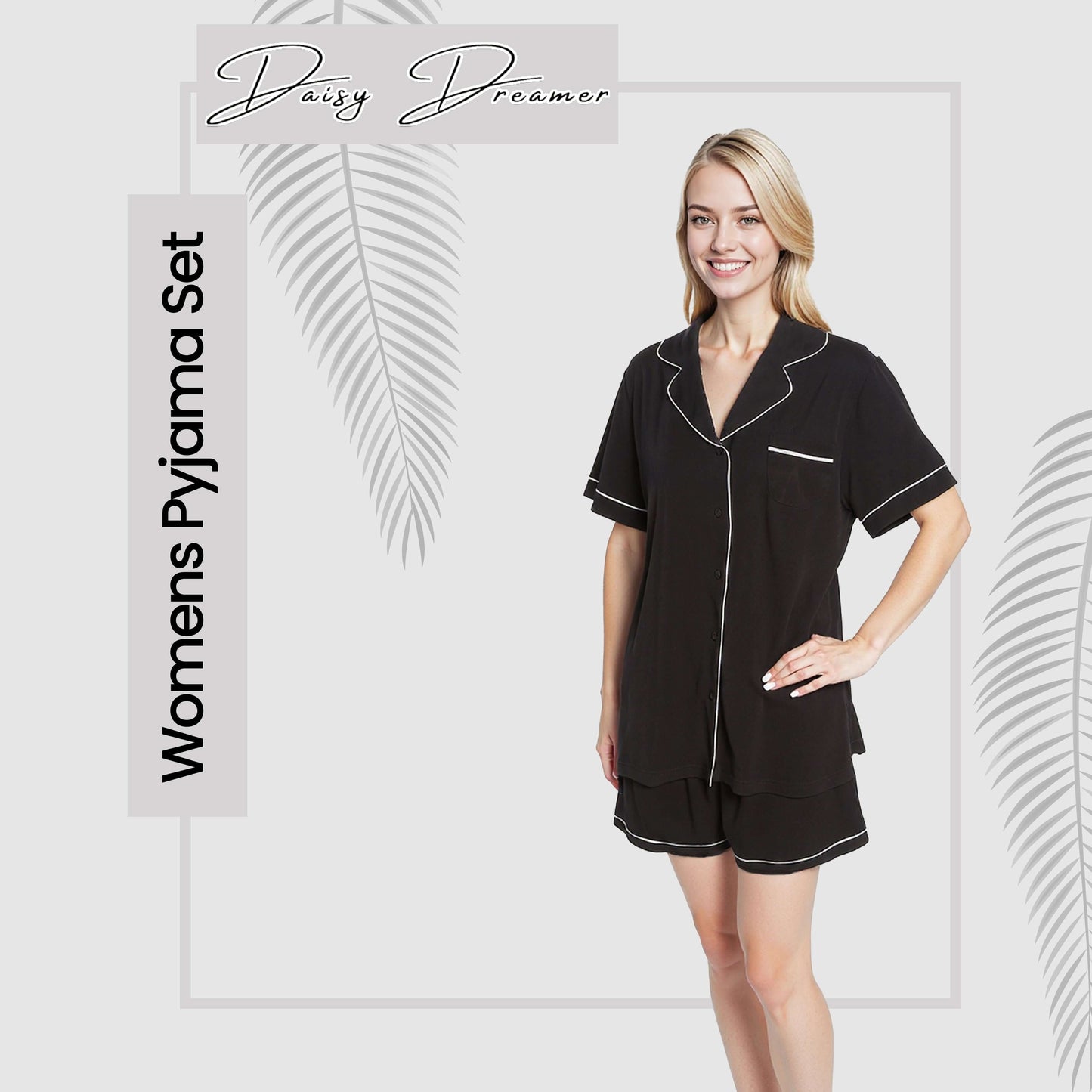 Women's Black Short Pyjama Set Super Soft Sleepwear Nightwear Button Up Top and Shorts with Pockets PJs by Daisy Dreamer Pyjamas