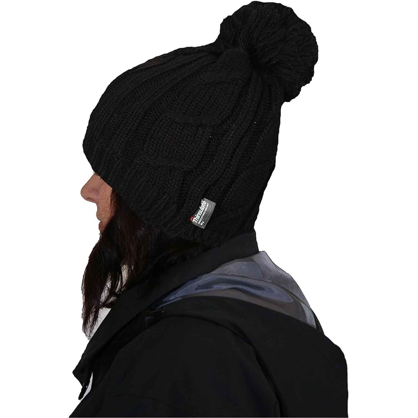 Women's Chunky Cable Knit Beanie Hat with 3M Thinsulate Insulation and Pom Pom Waterproof Winter Hat in Black Purple Cream and Navy by Sock Stack Hats