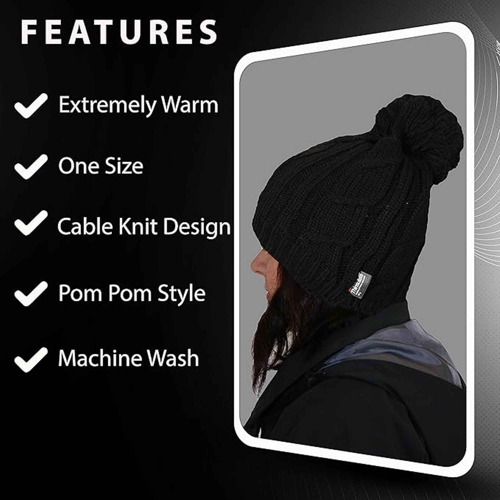 Women's Chunky Cable Knit Beanie Hat with 3M Thinsulate Insulation and Pom Pom Waterproof Winter Hat in Black Purple Cream and Navy by Sock Stack Hats