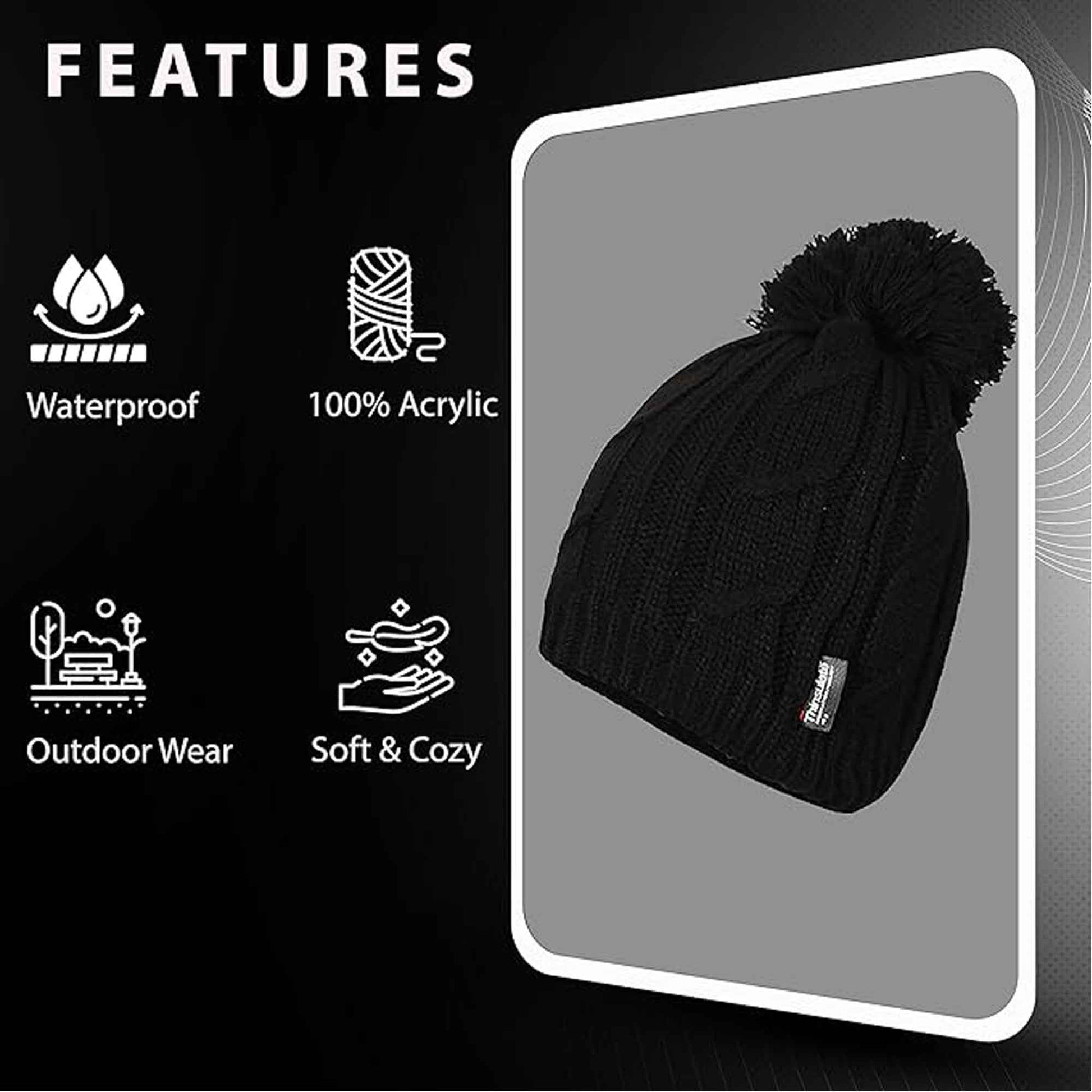 Women's Chunky Cable Knit Beanie Hat with 3M Thinsulate Insulation and Pom Pom Waterproof Winter Hat in Black Purple Cream and Navy by Sock Stack Hats