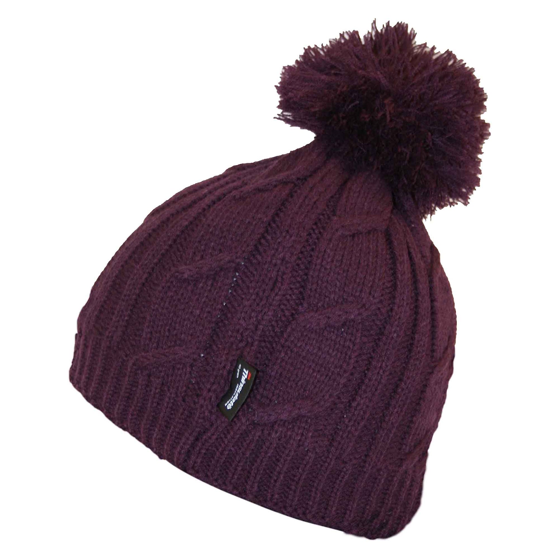 Women's Chunky Cable Knit Beanie Hat with 3M Thinsulate Insulation and Pom Pom Waterproof Winter Hat in Black Purple Cream and Navy by Sock Stack PURPLE Hats