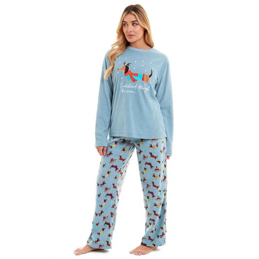 Women's Cosy Dachshund Polar Fleece Pyjama Set with Hood Embroidered Detailing Soft Nightwear Warm Loungewear Ideal Gift for Chilly Nights by Daisy Dreamer SMALL | UK 8-10 Pyjamas