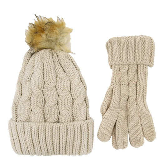 Women's Cream Chunky Knit Winter Hat & Gloves Set Faux Fur Pom Pom Warm & Stylish Beanie for Ladies By Heatwave Thermalwear IRISH CREAM Hats