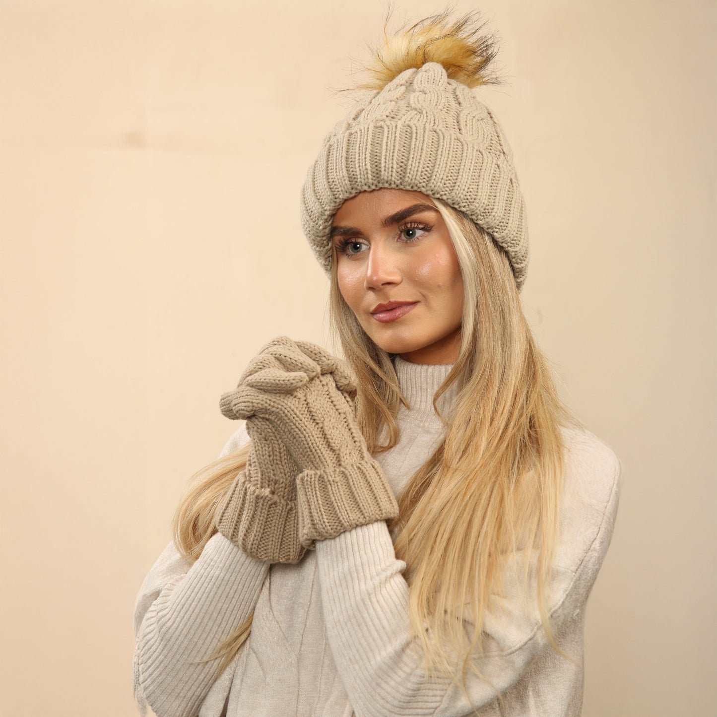 Women's Cream Chunky Knit Winter Hat & Gloves Set Faux Fur Pom Pom Warm & Stylish Beanie for Ladies By Heatwave Thermalwear IRISH CREAM Hats