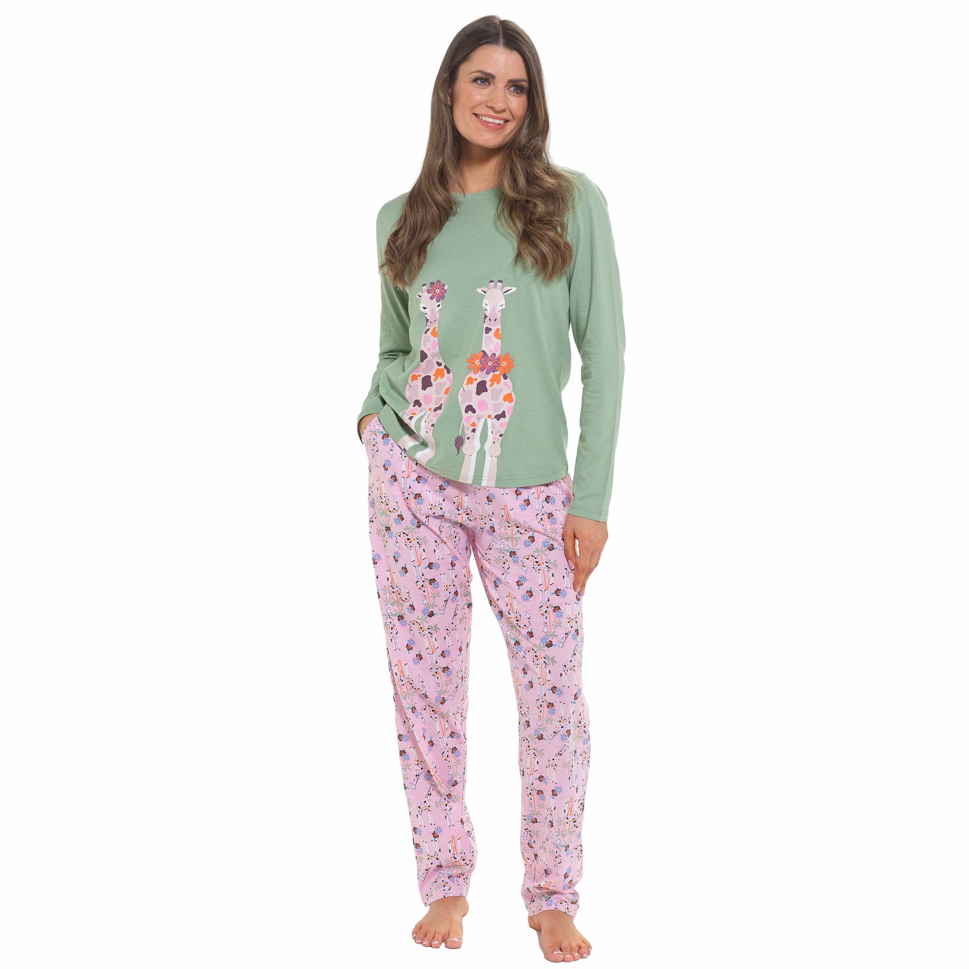 Women's Giraffe Cotton Jersey Long Sleeve Pyjama Set Comfortable PJs Soft Loungewear Summer Holiday Sleepwear by Daisy Dreamer Pyjamas