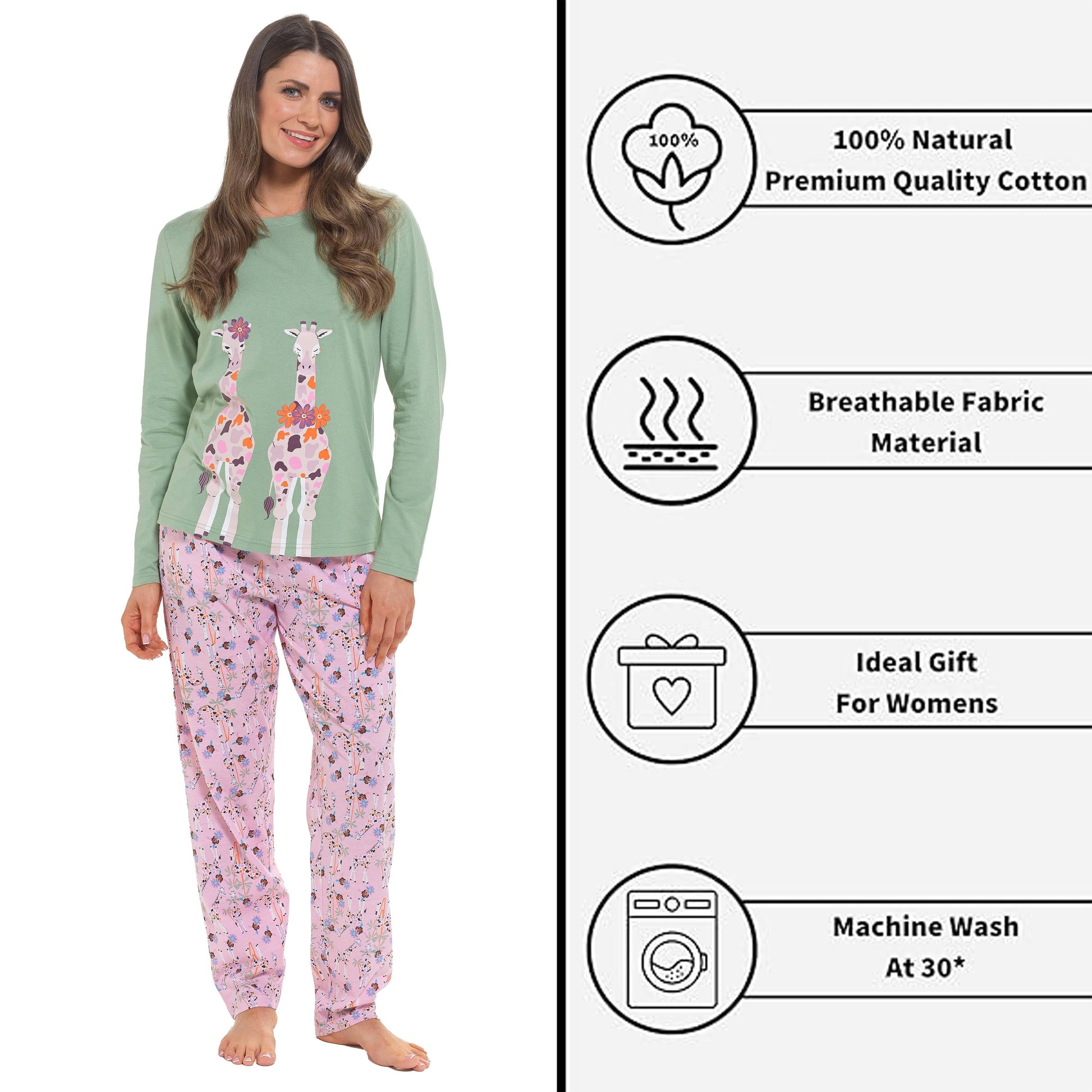 Women's Giraffe Cotton Jersey Long Sleeve Pyjama Set Comfortable PJs Soft Loungewear Summer Holiday Sleepwear by Daisy Dreamer Pyjamas