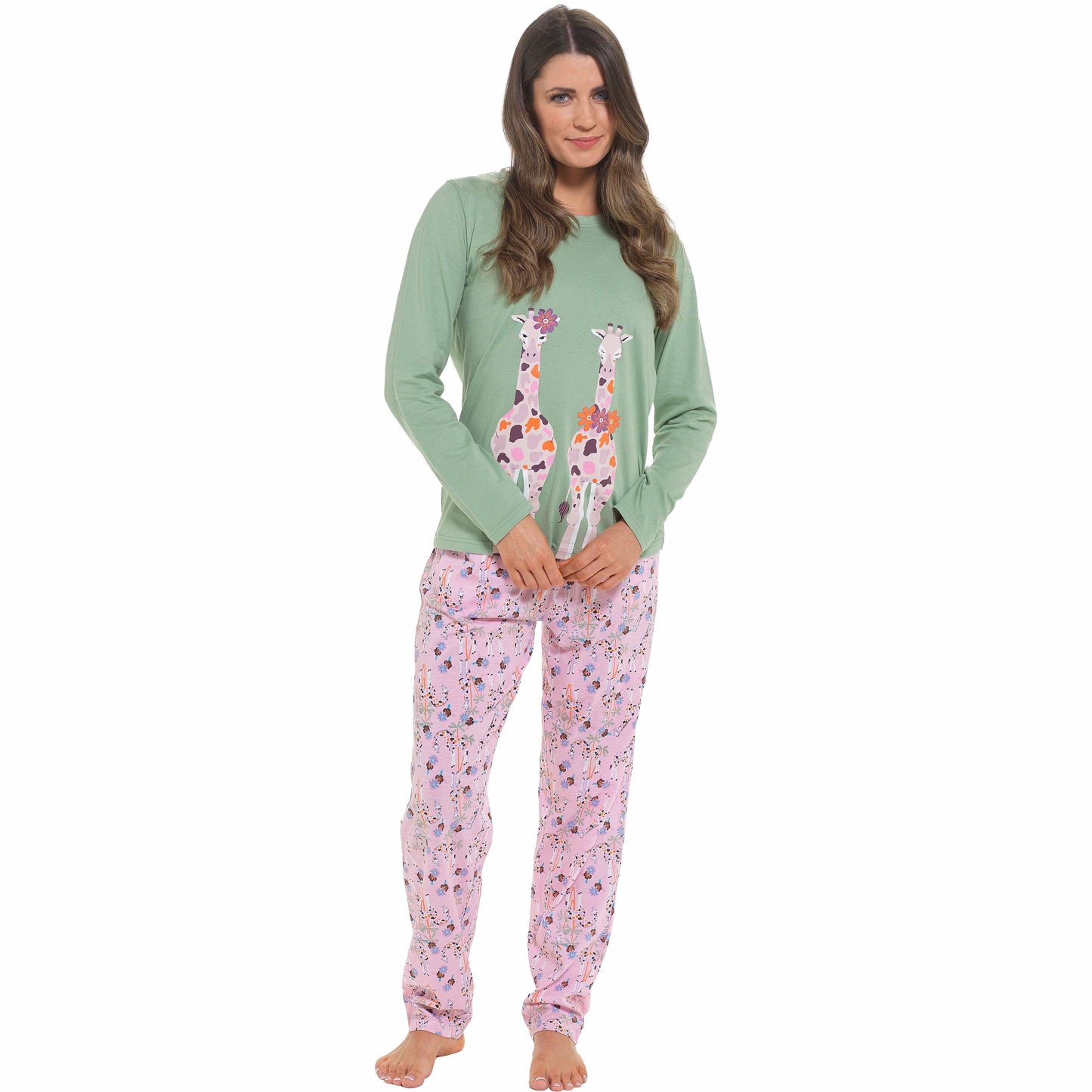 Women's Giraffe Cotton Jersey Long Sleeve Pyjama Set Comfortable PJs Soft Loungewear Summer Holiday Sleepwear by Daisy Dreamer Pyjamas