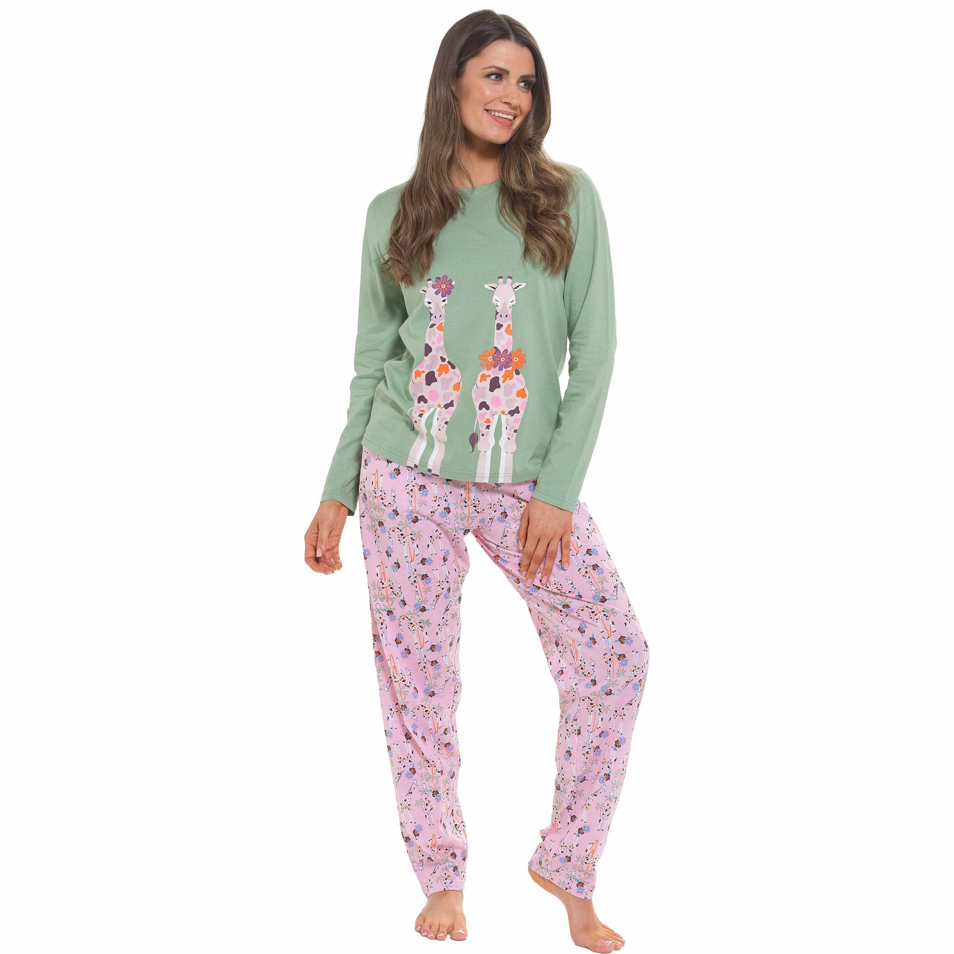 Women's Giraffe Cotton Jersey Long Sleeve Pyjama Set Comfortable PJs Soft Loungewear Summer Holiday Sleepwear by Daisy Dreamer Pyjamas