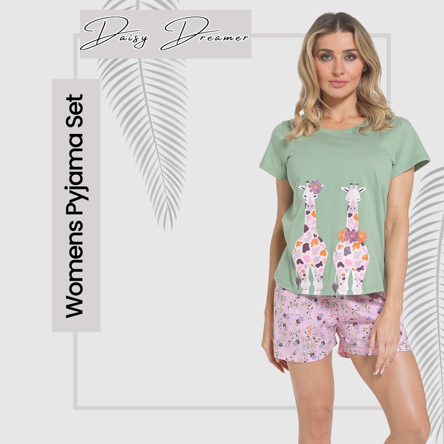 Women's Giraffe Pyjama Set T-Shirt & Shorts PJs Soft Cotton Loungewear Summer Holiday Sleepwear by Daisy Dreamer Pyjamas