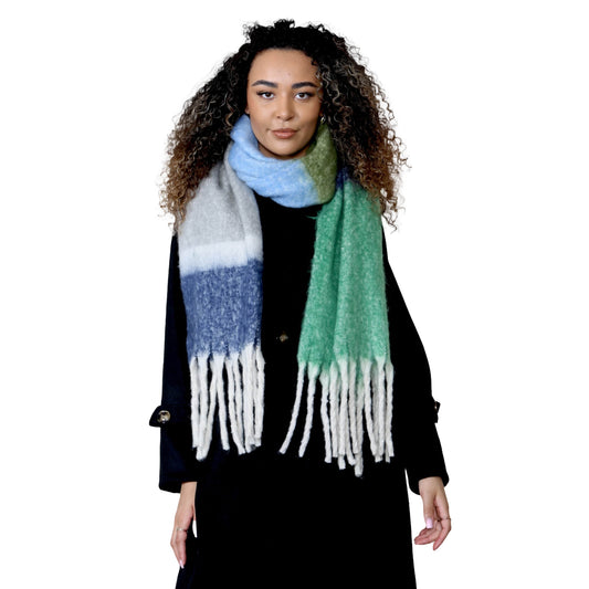 Women’s Green Blue Chunky Knit Bright Plaid Blanket Scarf Long Winter Wrap Warm Striped Shawl with Tassels Gift for Ladies by Daisy Dreamer GREEN/BLUE STRIPE Scarves