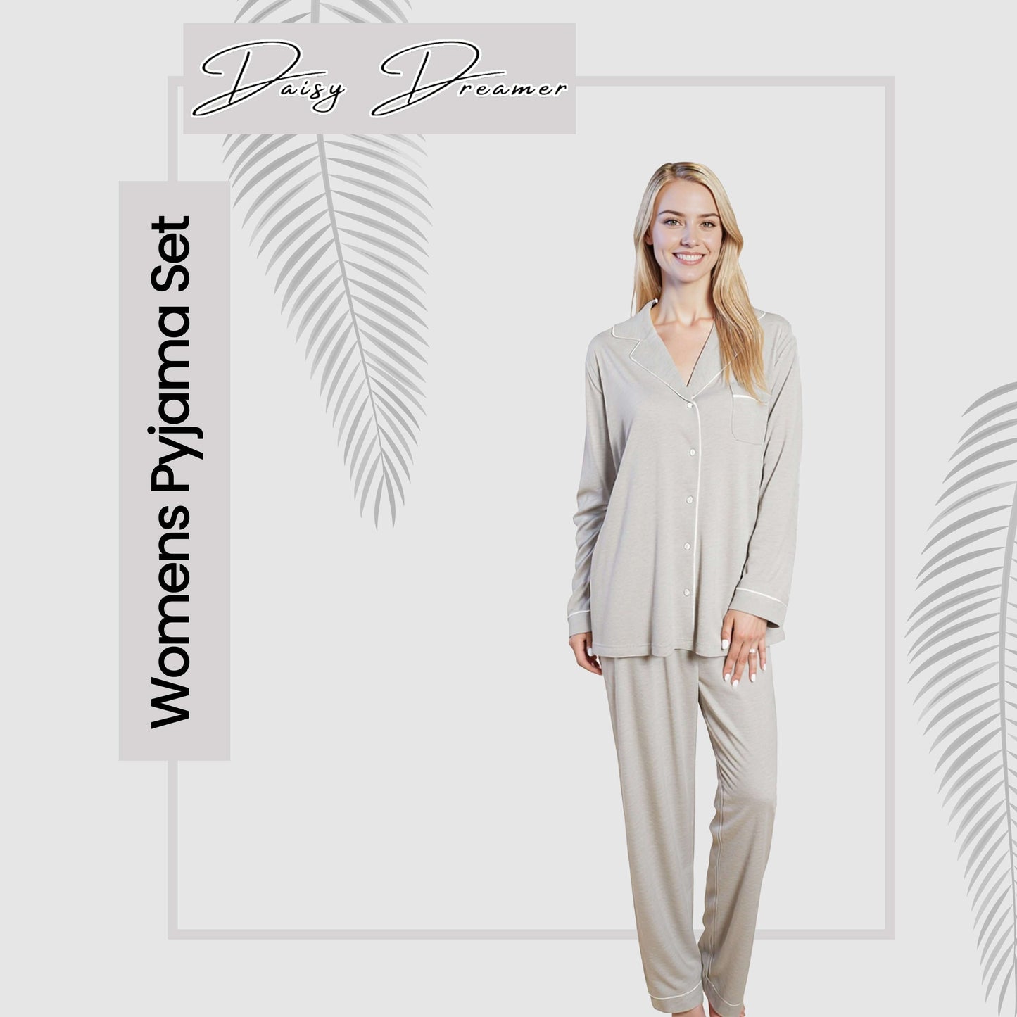 Women's Grey Pyjama Set Soft Touch Long Sleeve Button-Up Top & Bottoms Two-Piece Nightwear by Daisy Dreamer Pyjamas