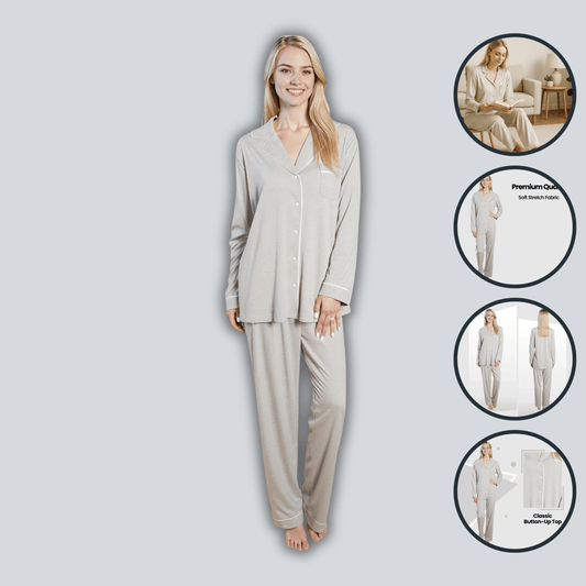 Women's Grey Pyjama Set Soft Touch Long Sleeve Button-Up Top & Bottoms Two-Piece Nightwear by Daisy Dreamer Pyjamas