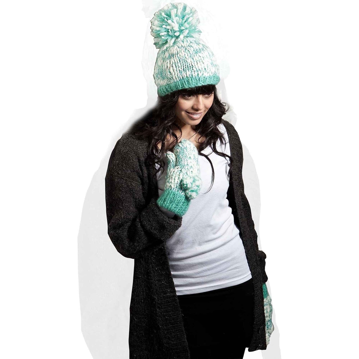 Women's Hand Knitted Daisy Pattern Winter Hat Headband Mittens Set with Pom Pom in Red Green Pink for Outdoor Activities and Holiday Gifts by Sock Stack Hats