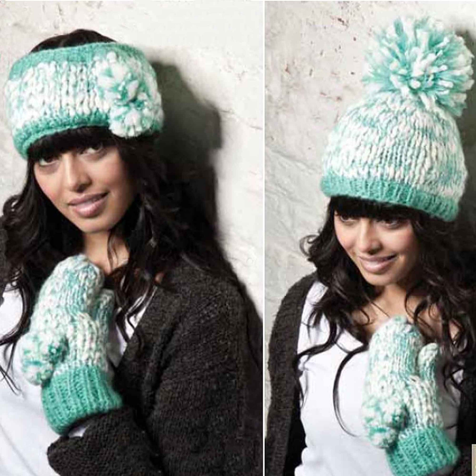 Women's Hand Knitted Daisy Pattern Winter Hat Headband Mittens Set with Pom Pom in Red Green Pink for Outdoor Activities and Holiday Gifts by Sock Stack Hats