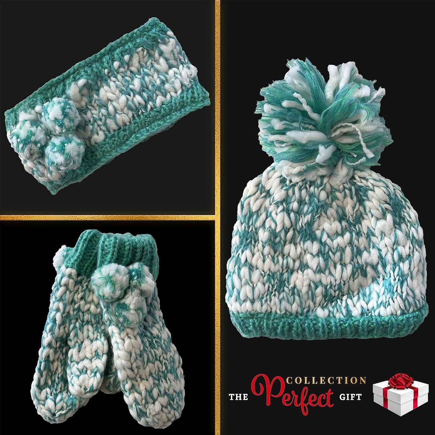 Women's Hand Knitted Daisy Pattern Winter Hat Headband Mittens Set with Pom Pom in Red Green Pink for Outdoor Activities and Holiday Gifts by Sock Stack Hats