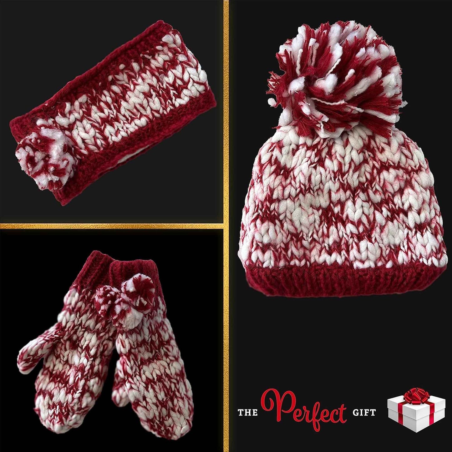 Women's Hand Knitted Daisy Pattern Winter Hat Headband Mittens Set with Pom Pom in Red Green Pink for Outdoor Activities and Holiday Gifts by Sock Stack Hats