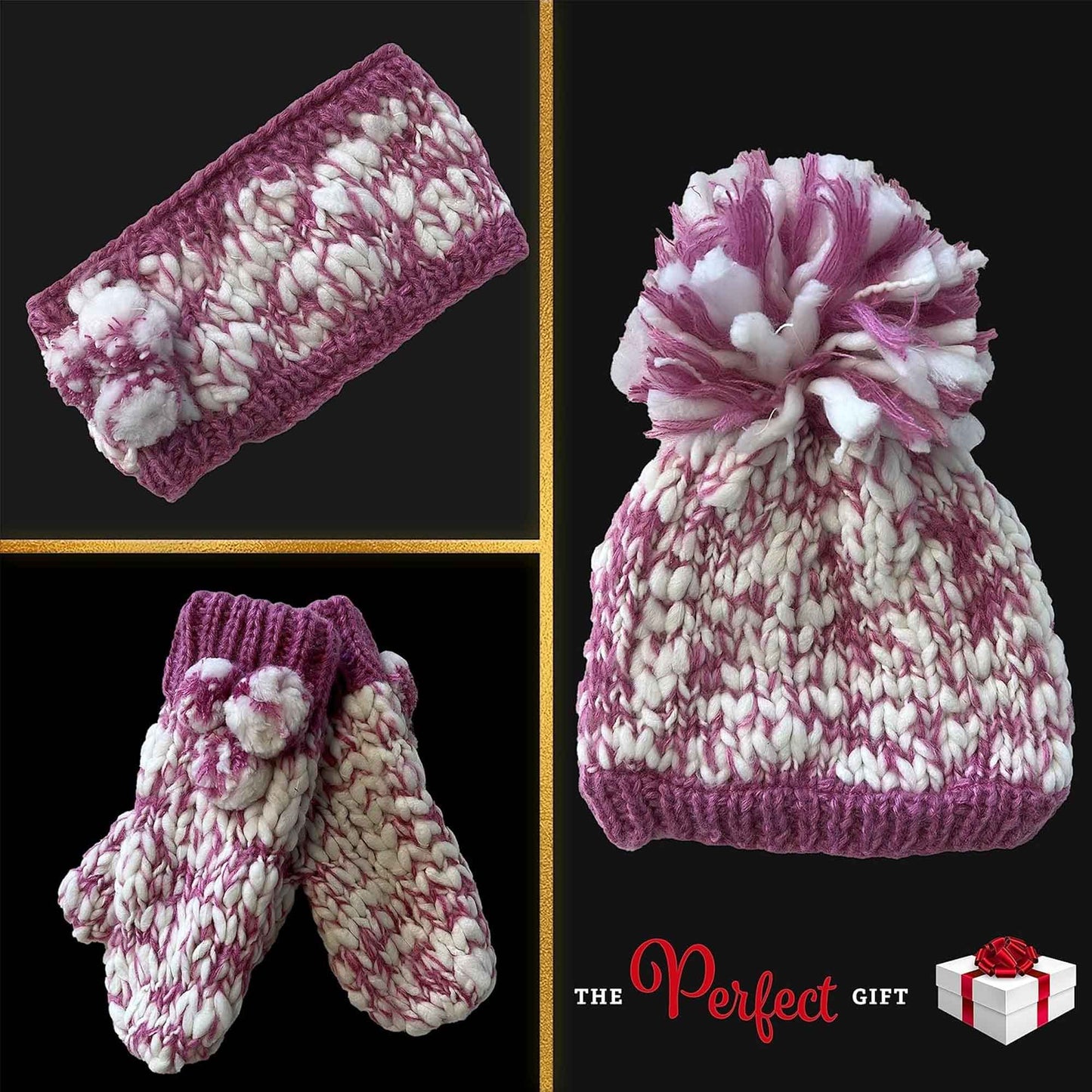 Women's Hand Knitted Daisy Pattern Winter Hat Headband Mittens Set with Pom Pom in Red Green Pink for Outdoor Activities and Holiday Gifts by Sock Stack Hats