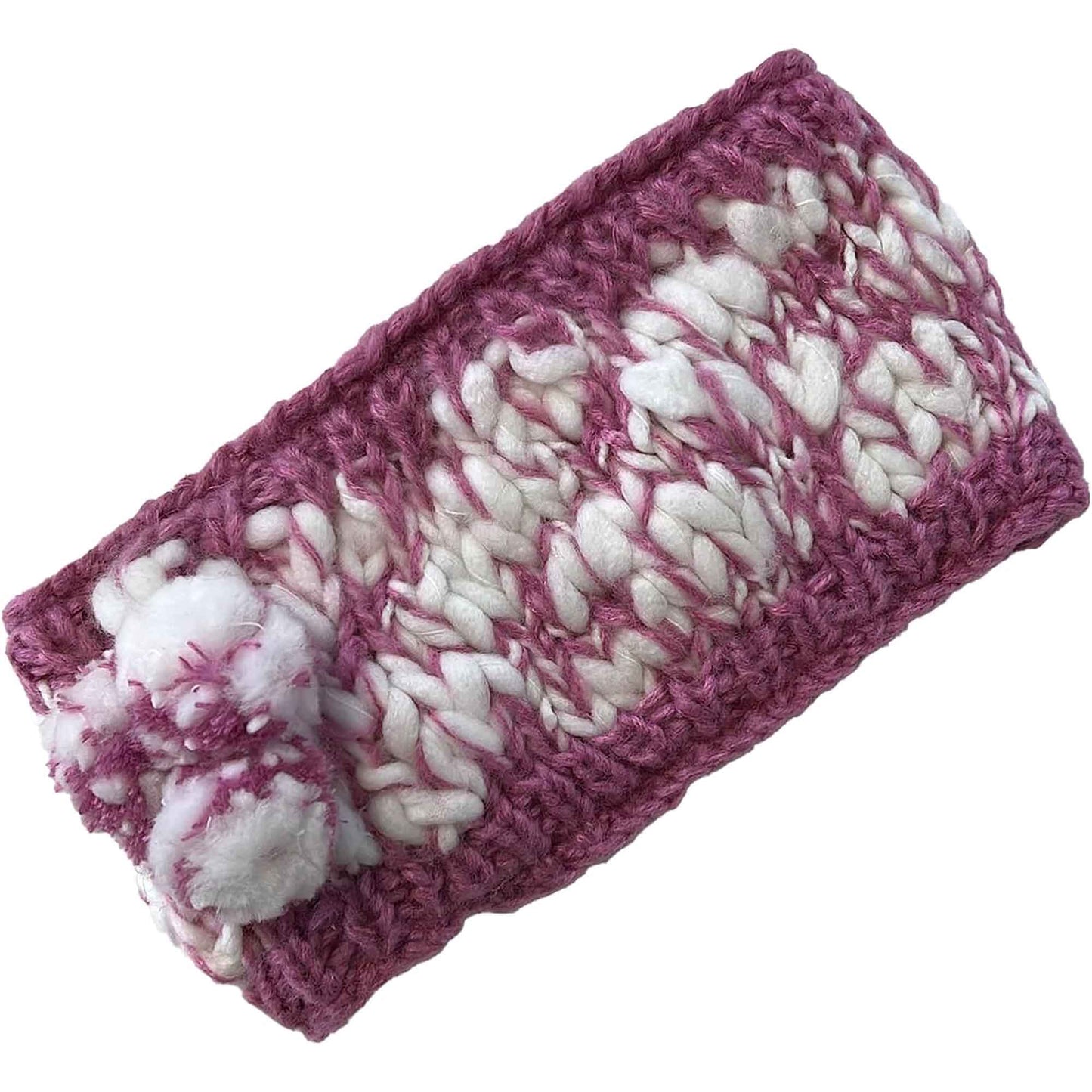 Women's Hand Knitted Daisy Pattern Winter Hat Headband Mittens Set with Pom Pom in Red Green Pink for Outdoor Activities and Holiday Gifts by Sock Stack HEADBAND / PINK Hats