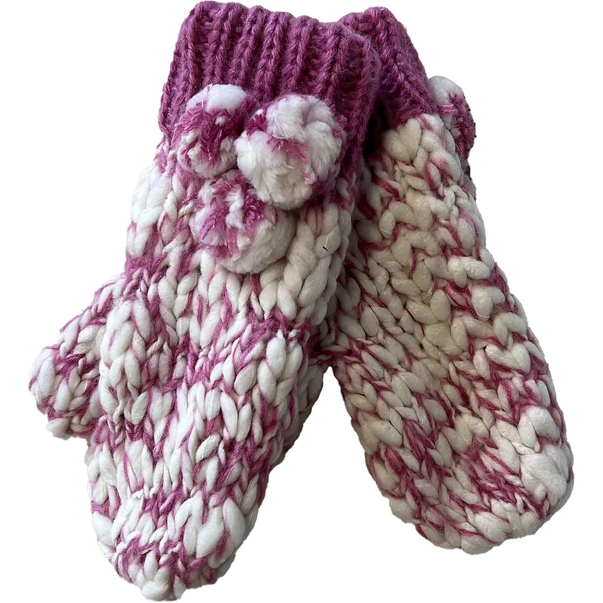 Women's Hand Knitted Daisy Pattern Winter Hat Headband Mittens Set with Pom Pom in Red Green Pink for Outdoor Activities and Holiday Gifts by Sock Stack MITTENS / PINK Hats