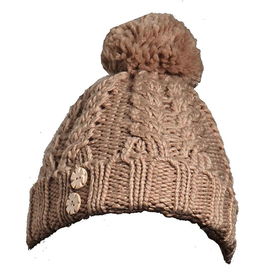 Women's Hand-Knitted Winter Hat Scarf and Hand Warmer Set with Inga Button Design Luxurious Acrylic Adjustable Fit Elegant Brown and Cream by Sock Stack HAT / BROWN Hats