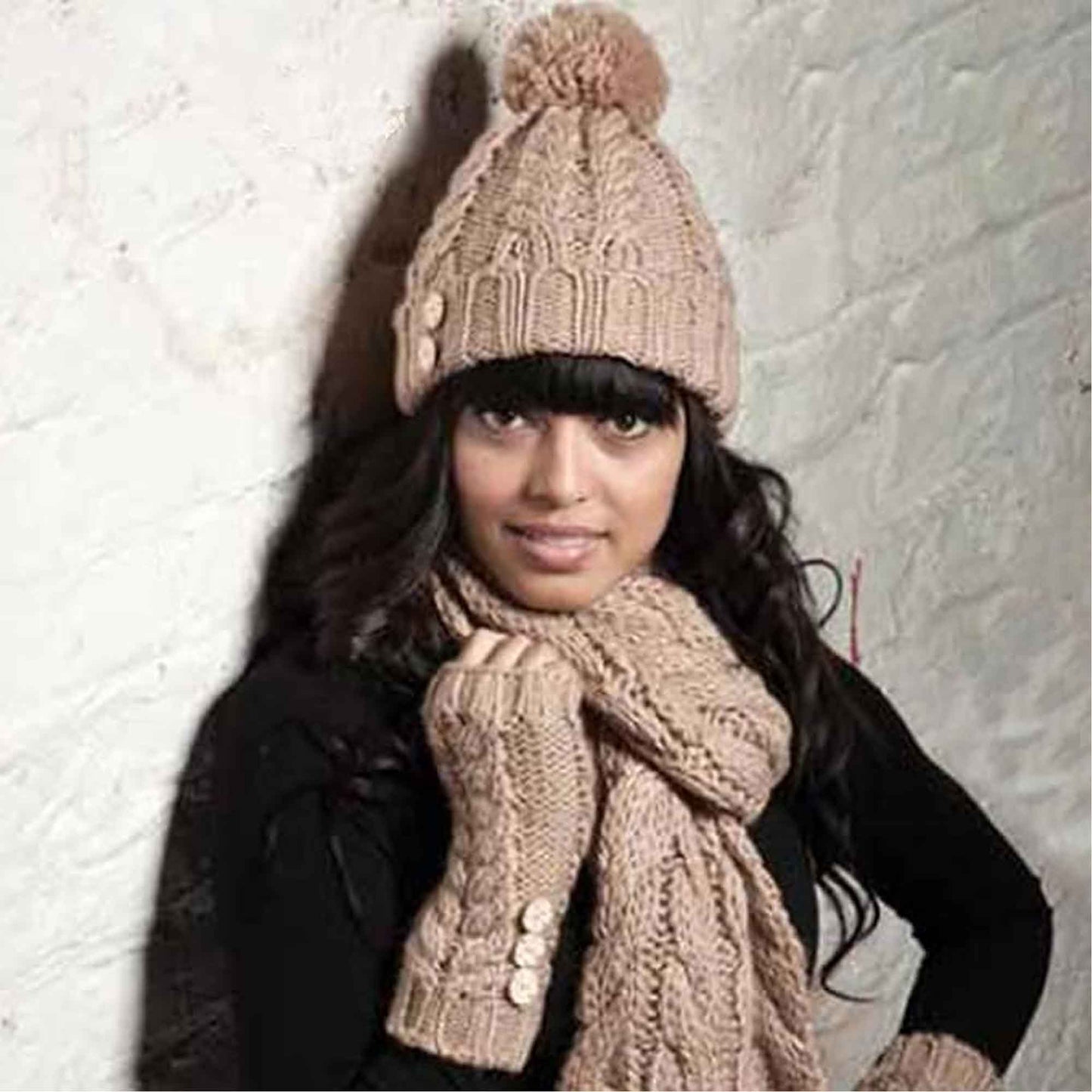 Women's Hand-Knitted Winter Hat Scarf and Hand Warmer Set with Inga Button Design Luxurious Acrylic Adjustable Fit Elegant Brown and Cream by Sock Stack Hats