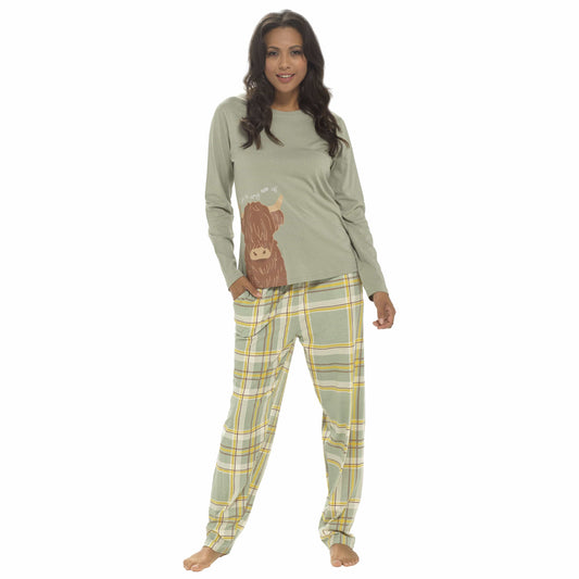 Women's Highland Cow Cotton Jersey Pyjama Set Long Sleeve Lounge Wear PJs with Elasticated Waistband by Daisy Dreamer SMALL / HIGHLAND COW Pyjamas
