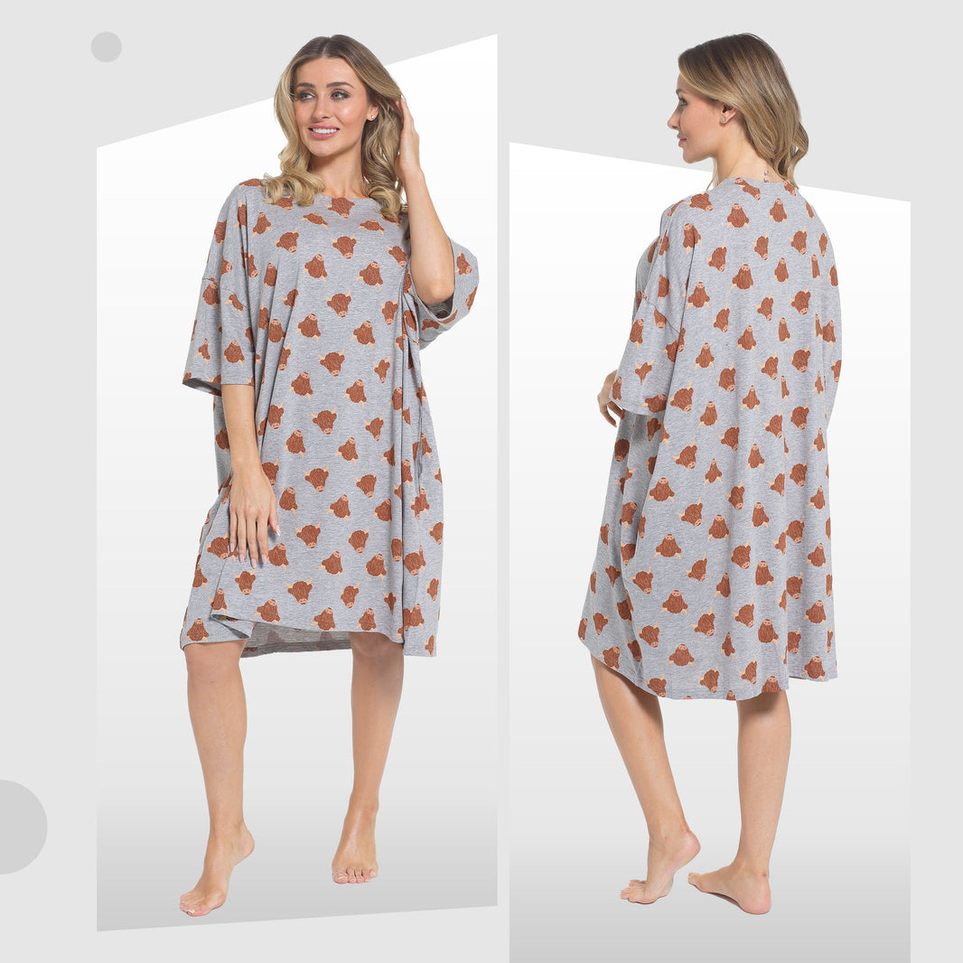 Women's Highland Cow Cream Baggy Nighty Dress Oversized T-Shirt Nighties 100% Cotton Short Sleeved Nightshirt for Ladies by Daisy Dreamer HIGHLAND COW Night Dress