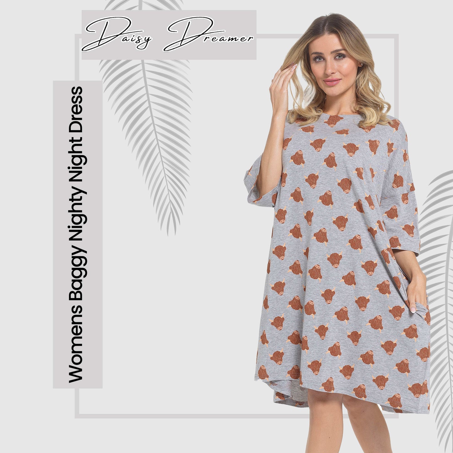 Women's Highland Cow Cream Baggy Nighty Dress Oversized T-Shirt Nighties 100% Cotton Short Sleeved Nightshirt for Ladies by Daisy Dreamer HIGHLAND COW Night Dress