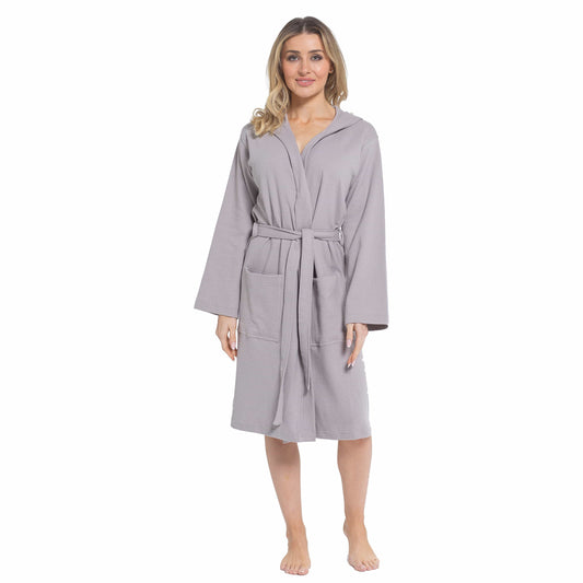 Women's Hooded Waffle Cotton Bathrobe Grey Super Absorbent Spa Dressing Gown for Home Lounge & Travel by Daisy Dreamer Bathrobe