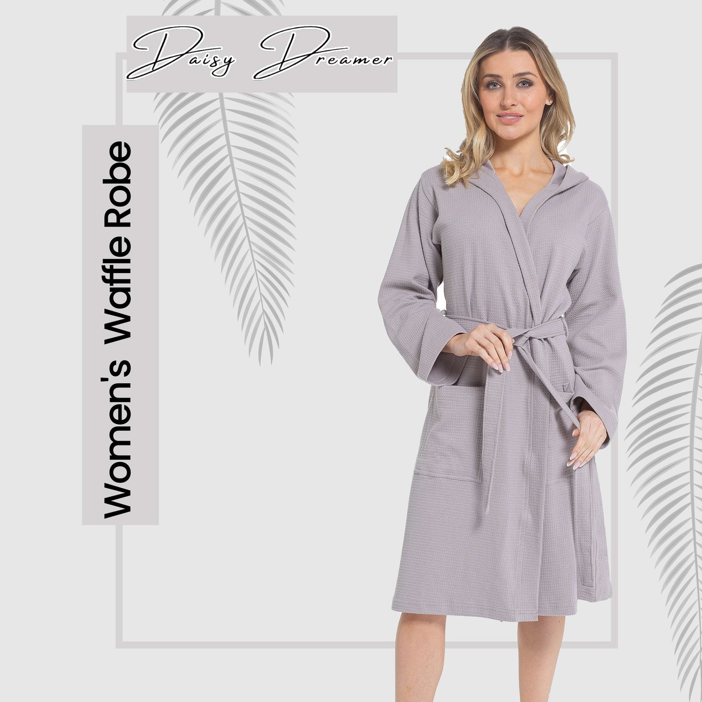 Women's Hooded Waffle Cotton Bathrobe Grey Super Absorbent Spa Dressing Gown for Home Lounge & Travel by Daisy Dreamer Bathrobe