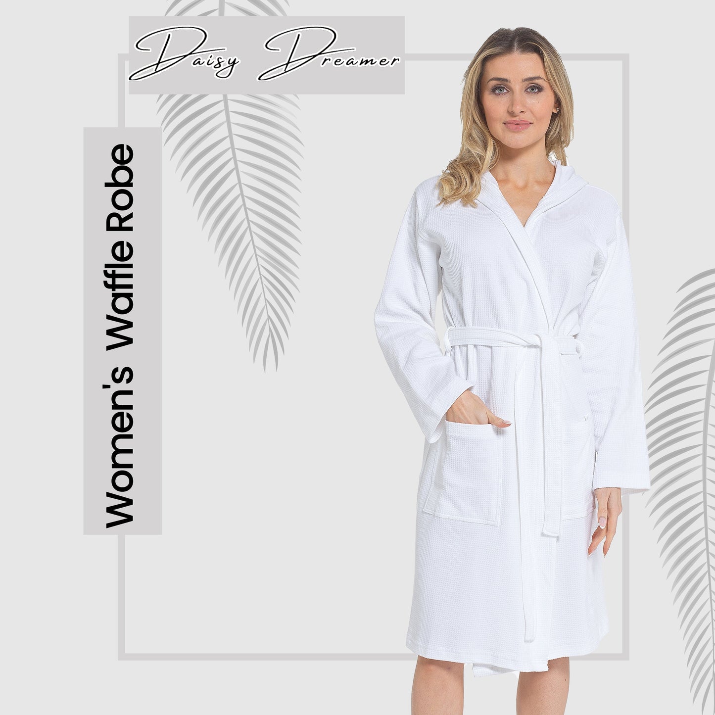 Women's Hooded Waffle Cotton Bathrobe White Super Absorbent Spa Dressing Gown for Home Lounge & Travel by Daisy Dreamer Bathrobe