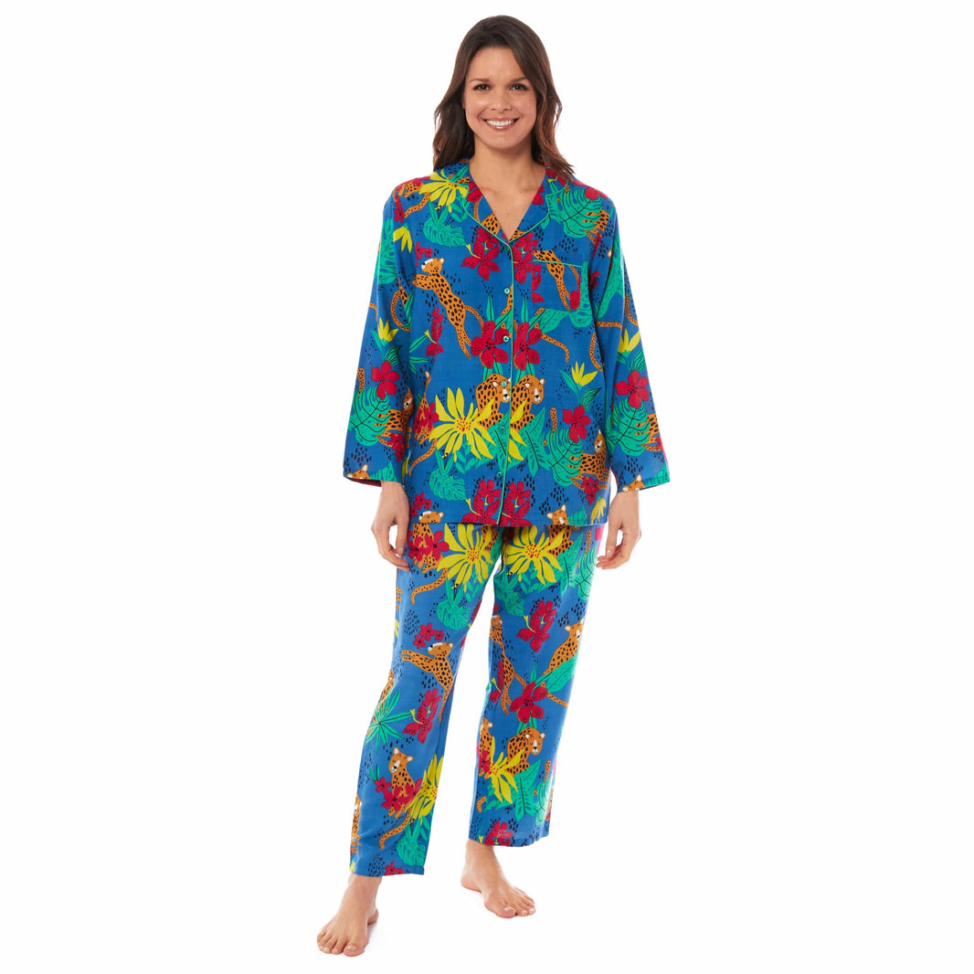 Women's Jaguar Jungle Leopard Print Long Pyjama Set Button Up Soft Breathable Viscose Loungewear Sleepwear Relaxing PJ Set by Daisy Dreamer JUNGLE LEOPARD / SMALL Pyjamas
