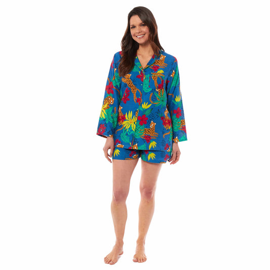 Women's Jaguar Jungle Leopard Print Short Pyjama Set Button Up Shorts Loungewear Sleepwear Soft Breathable Comfortable Stylish PJs Sizes S M L XL by Daisy Dreamer JUNGLE LEOPARD / SMALL Pyjamas
