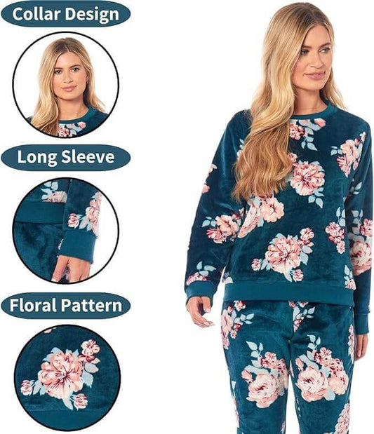 Women's Luxurious Floral Fleece Pyjama Set with Long Sleeve Top and Elastic Waist Pajamas Elegant Sleepwear for Warmth by Daisy Dreamer Pyjamas
