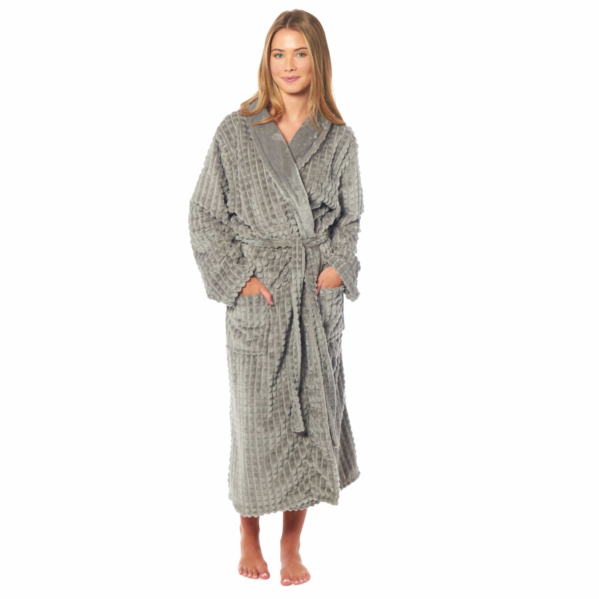 Women's Luxury  Waffle Fleece Robe Soft Warm Long Dressing Gown with Belt and Pockets Loungewear by Daisy Dreamer SMALL | UK 8-10 / GREY Robe