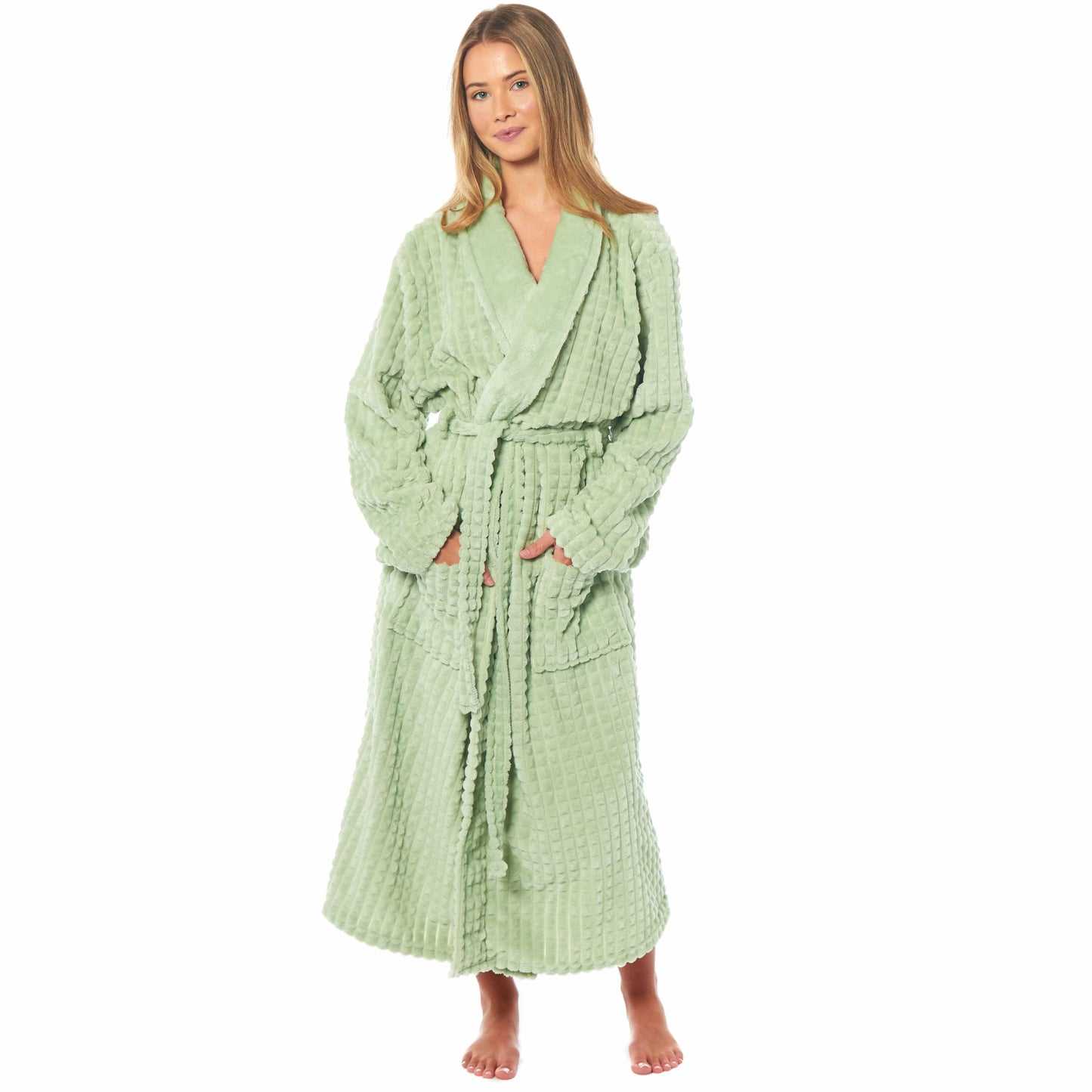 Women's Luxury  Waffle Fleece Robe Soft Warm Long Dressing Gown with Belt and Pockets Loungewear by Daisy Dreamer SMALL | UK 8-10 / SAGE GREEN Robe