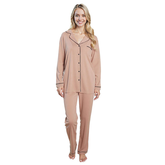 Women's Natural Pyjama Set Soft Touch Long Sleeve Button-Up Top & Bottoms Two-Piece Nightwear by Daisy Dreamer NATURAL / S Pyjamas